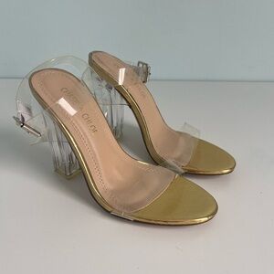 Chase + Chloe Metallic Gold Sandals with Clear Block Heel